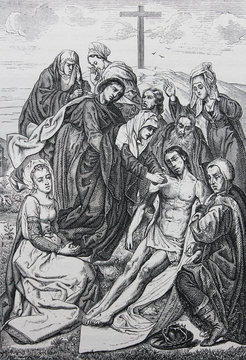 Entombment of Jesus by Jean van Eyck engraved in a vintage book History of Painters, author Jules Benouard, 1864, Paris