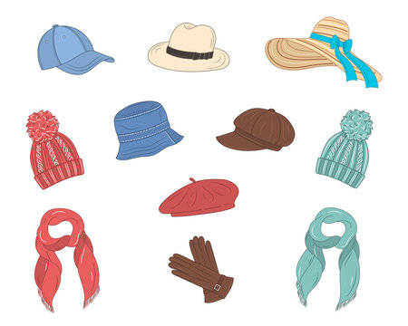 Hats collection, vector sketch illustration. Different types of hats, cap, panama, french beret, knitted winter hat, floppy beach  hat, newsboy cap isolated on white background.