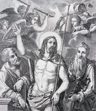Jesus Conqueror accompanied by Apostles Peter and Paul by Michiel Coxcie engraved in a vintage book History of Painters, author Jules Benouard, 1864, Paris