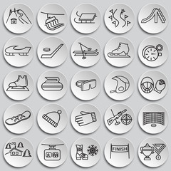 Winter sport and entertainment thin line set on plates background icons