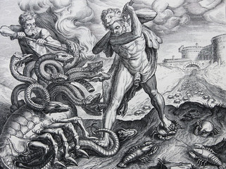 Hercules Killing the Lernean Hydra by Frans Floris engraved in a vintage book History of Painters, author Jules Benouard, 1864, Paris - obrazy, fototapety, plakaty
