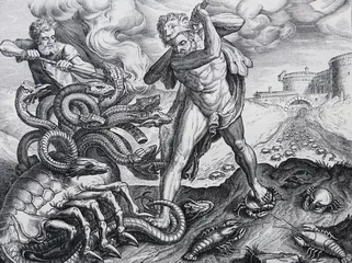 Foto op Canvas Hercules Killing the Lernean Hydra by Frans Floris engraved in a vintage book History of Painters, author Jules Benouard, 1864, Paris © wowinside