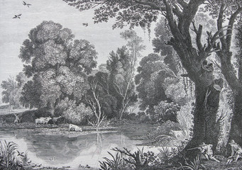 Duck hunting by Paul Brill engraved in a vintage book History of Painters, author Jules Benouard,...