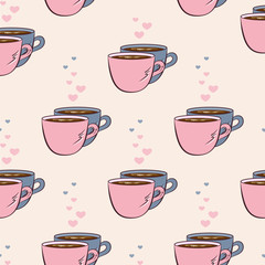 Vector seamless pattern with two cups of coffee and hearts. Creative background for cafe or restaurant menu, wrapping paper, design banner, invitation. EPS10. Can be used as print on clothes.