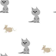 Seamless pattern funny cartoon kitten and mouse