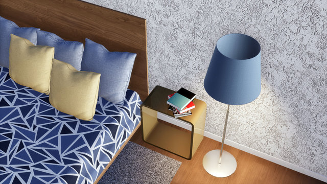 Close Up Overhead View Of Double Bed With Pillows, Simple Nightstand And Floor Lamp In Modern Minimalist Bedroom Interior. 3D Illustration.