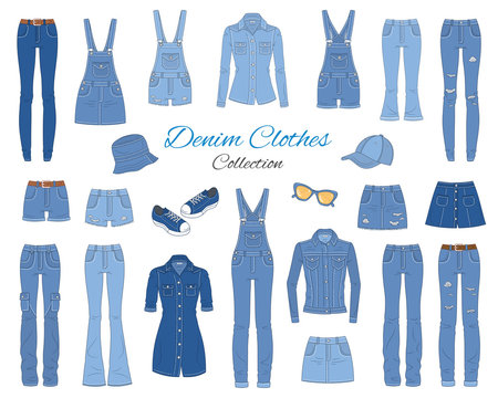 Denim clothes collection. Vector sketch illustration.