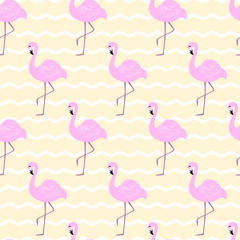 Vector seamless pattern with pink flamingo on zigzag backdrop. For wrapping paper, design poster, banner, print on clothes for boys or girls. Cute tropical background.