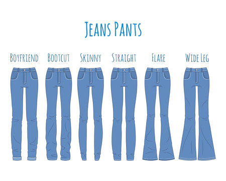 Blue jeans pants collection, sketch vector illustration. 
