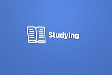 Illustration of Studying with white text on blue background