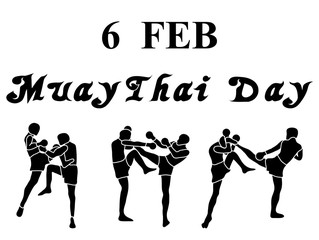Vector Illustration Art of Six Thai Boxing Martial Artists in Fighting Actions in Black and White Color, Isolated on White Background with Muay Thai Day Text.