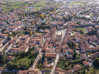 Marostica, Vicenza, Italy. Drone aerial landscape of the lower town from the upper castle