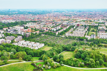 Aerial view of Munich quarters from Olympia Tower in Olympia Park