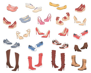 Women shoes collection. Various types of female shoes boots, stilettos, wedgies, sandals, sneakers, flats, vector sketch illustration, isolated on white background.