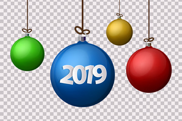 Xmas and New Year 2019 concept. Realistic colored christmas balls with silver holder isolated on transparent background. Vector illustration