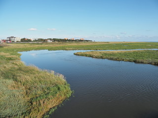 Sankt Peter-Ording - Pfahlbauten, Salzwiesen, Strandkörbe und Strand an der Nord
seeküste am Nationalpark Wattenmeer