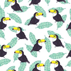 Tropical seamless pattern with toucans, exotic leaves and pineapples. Vector illustration