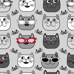 Abstract seamless cat pattern for girls, boys, clothes. Creative vector background with cat, glasses, eyes, mustache.Funny wallpaper for textile and fabric. Fashion cat style. Colorful bright.