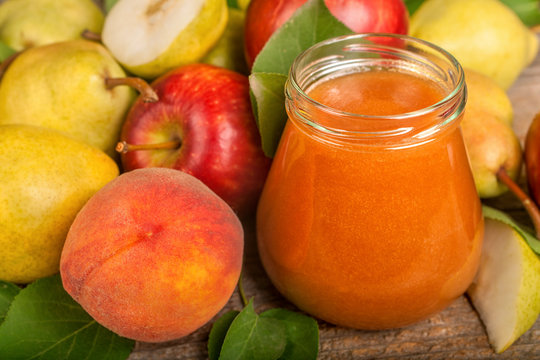 Smoothie of apples, pears and peaches, the concept of healthy food and beverages