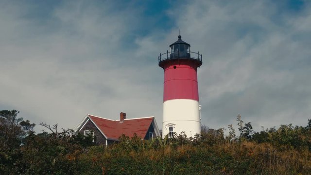 View of Nauset Light, one of the Three Sisters Lighthouses on Cape Cod, USA. 4K UHD