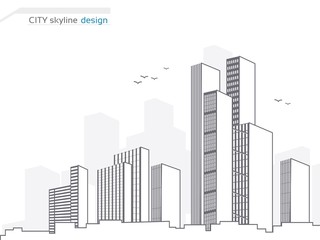 Fototapeta premium Vector city landscape background. City panorama. Town landscape with high skyscrapers. Architecture of buildings. City skyline design. Illustration for use brochure, flyer, poster and cover.