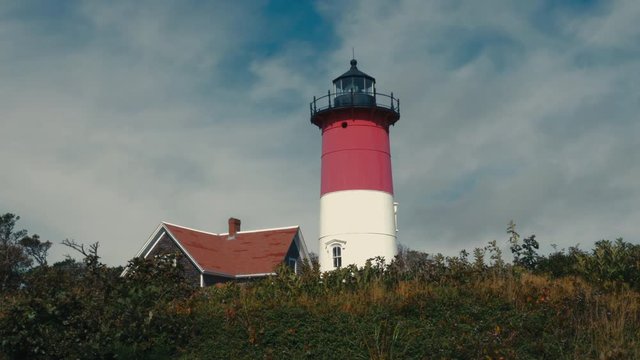 View of Nauset Light, one of the Three Sisters Lighthouses on Cape Cod, USA. 4K UHD