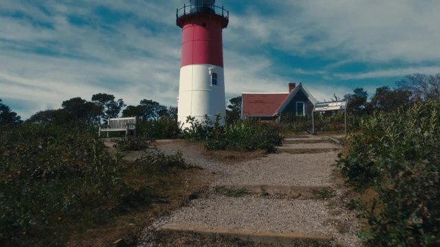 View of Nauset Light, one of the Three Sisters Lighthouses on Cape Cod, USA. 4K UHD