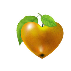 Yellow ripe apple heart isolated. Modern Valentines love. Beautiful fresh fruit. Vector illustration for advertising, packaging, banner, wallpaper. Trendy vector heart shape, symbol for web design
