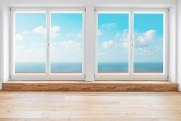 ocean view window in modern apartment room - penthouse with ocean view terrace - obrazy, fototapety, plakaty