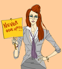 Portrait of young businesswoman holding placard