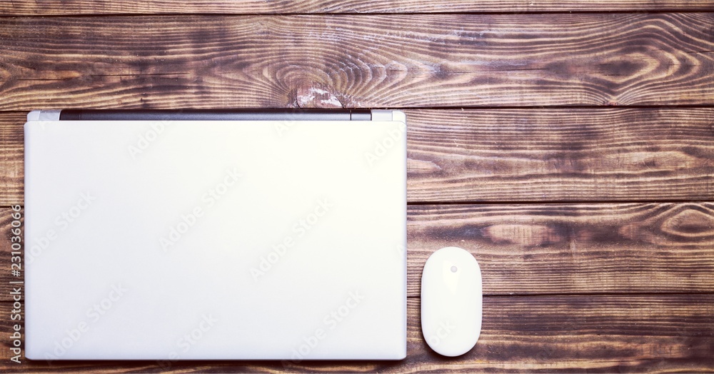 Poster laptop computer and mouse. isolated background
