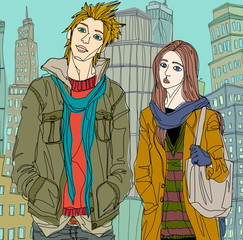 Man and woman standing on street