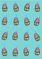 Cupcakes pattern on blue background, vector illustration