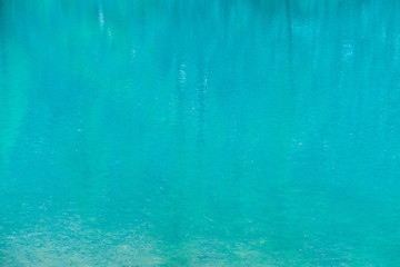 Shiny texture of azure surface of mountain lake. Background with reflection of green mountains with tops of trees in clear water in sunny day. Copy space.