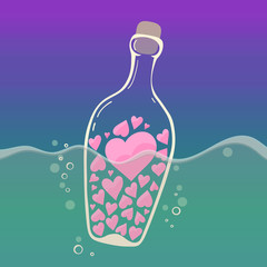 a transparent glass bottle filled with hearts floats in a sea with air bubbles around it - flat vector illustration 