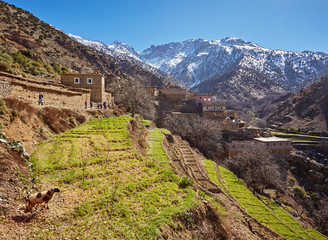 Morocco, High Atlas Landscape. Valley near Marrakech on the road to Ouarzazate.Spingtime, sunny day.