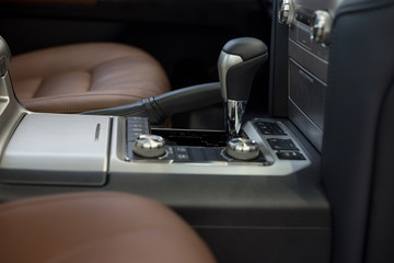 Interior of new vehicle with automatic transmission. Modern transportation.