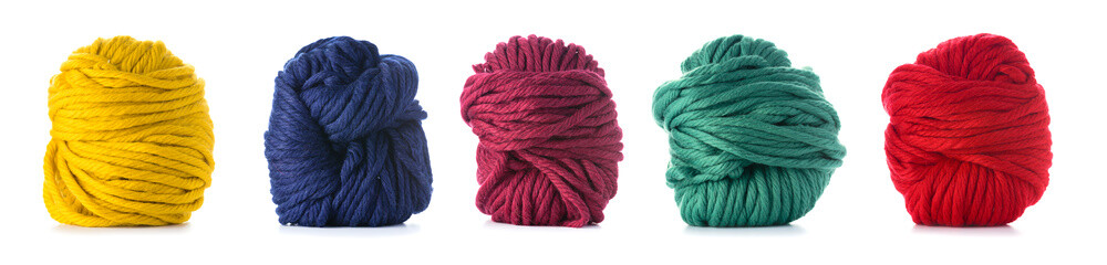 collection of wool knitting on white background - obrazy, fototapety, plakaty