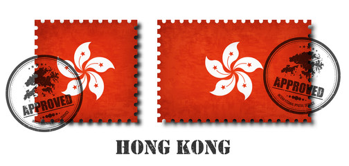 Hong kong or hong kongese flag pattern postage stamp with grunge old scratch texture and affix a seal on isolated background . Black country name with abrasion . Square and rectangle shape . Vector