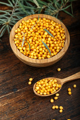 raw sea buckthorn in a plate and in a wooden spoon on a dark brown wooden background. space for text.