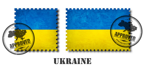 Ukraine or Ukrainian flag pattern postage stamp with grunge old scratch texture and affix a seal on isolated background . Black color country name with abrasion . Square and rectangle shape . Vector
