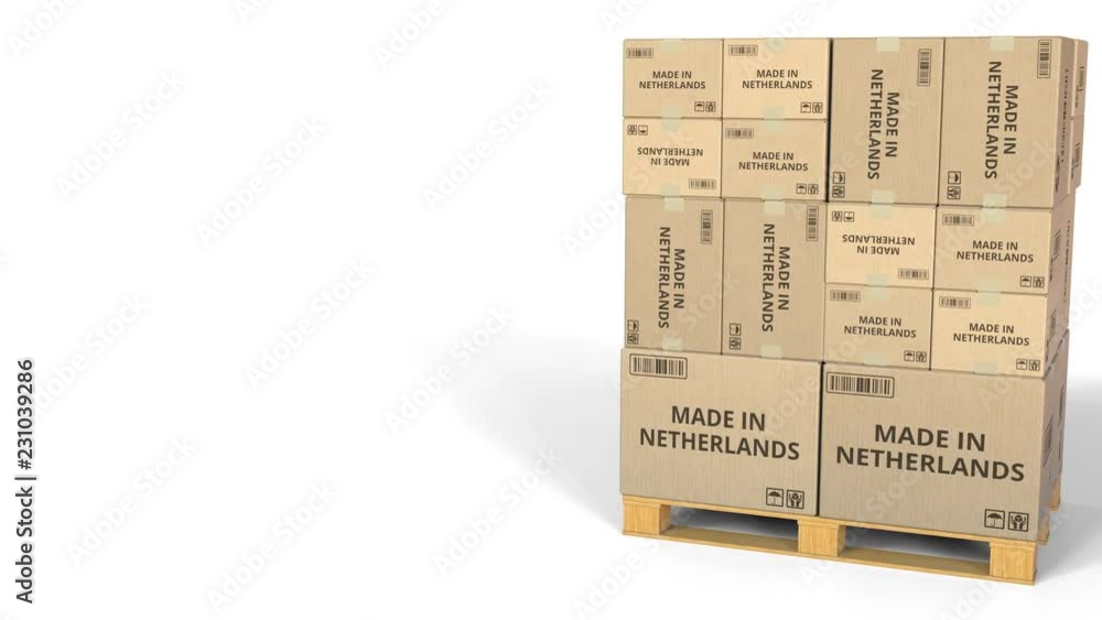 Aufkleber made in netherlands text on boxes on a pallet. conceptual 3d animation