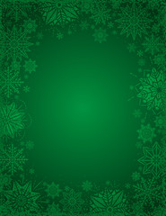 Green christmas background with frame of snowflakes and stars, vector illustration