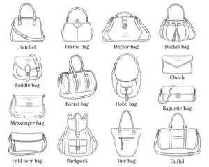 Women fashion handbags collection, vector sketch illustration.