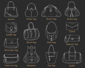 Women fashion handbags collection, vector sketch illustration.