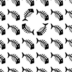 Seamless pattern fish bone. Hand drawn background bones. Doodle of skeleton fish.