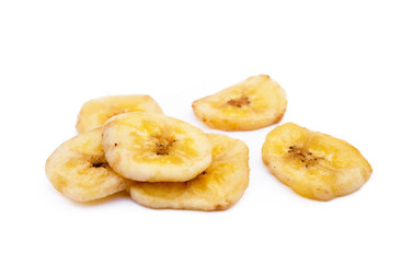 Dried sliced banana isolated on white background