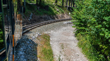 Unique rack railway to the top of Schneeberg mountain in the Austrian Alps. View from the train.