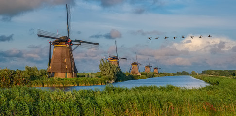 Line-up of windmills in the Unesco site of Kinderdijk, on Wednesday 3 August 2016, Kinderdijk, the Netherlands.