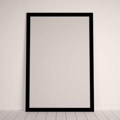 Mock up poster frame, white wooden floor. 3d architecture visualization